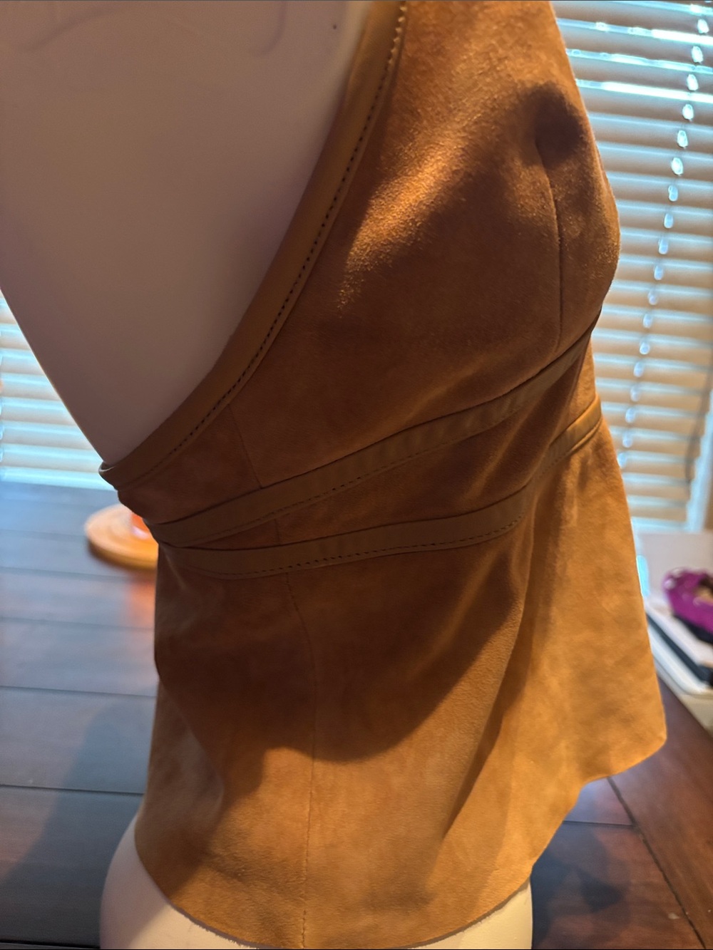 “Rare” Coach Suede Halter Peplum Top - Cognac - Picture 7 of 13